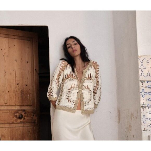 Zara Sweaters - Zara Womens Sweater Size M Beige Cardigan Knit Crochet 3/4 Sleeve 1957/025 NWT
